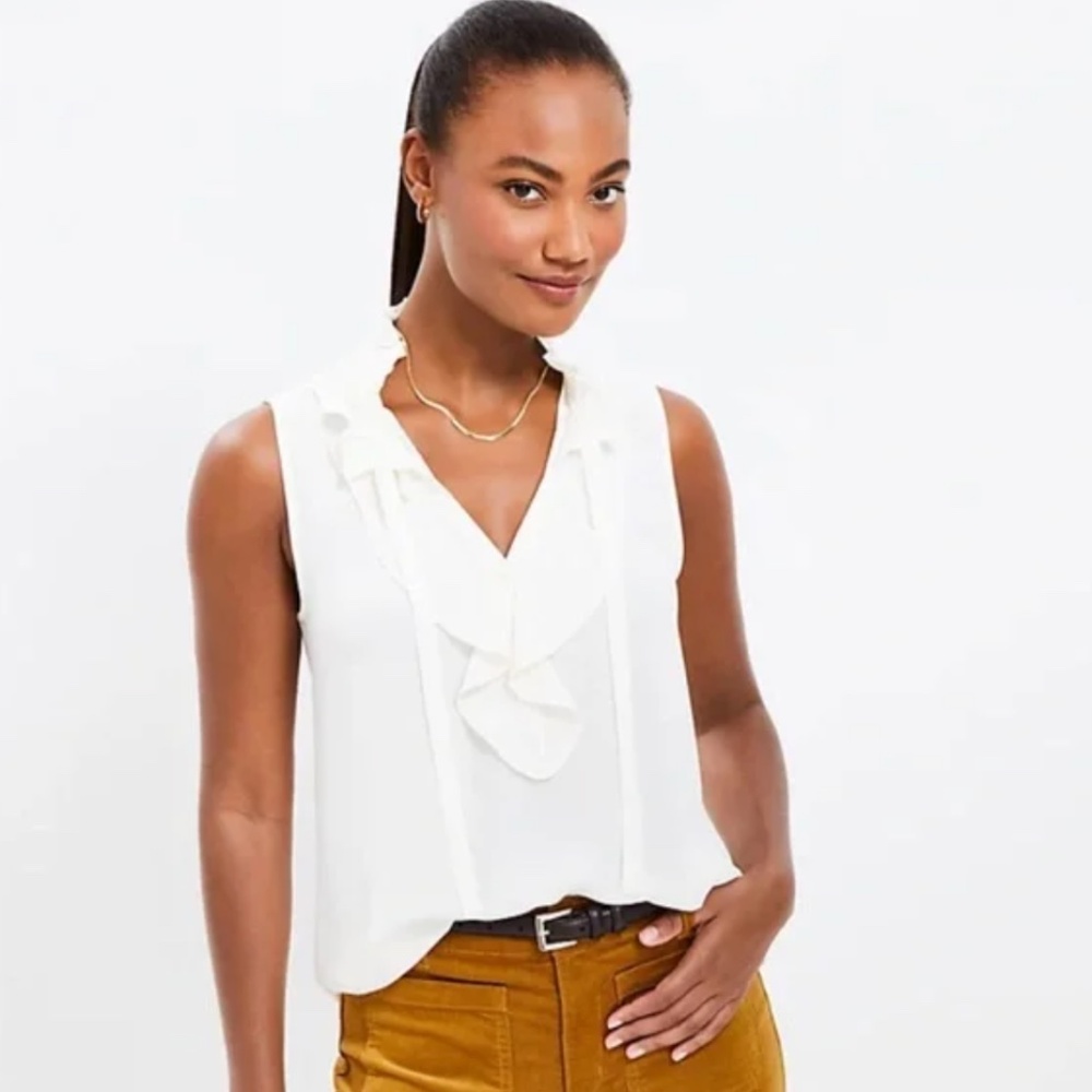 NWOT LOFT Ruffle Tie Neck Mixed Media Sleeveless Blouse - Sz Large